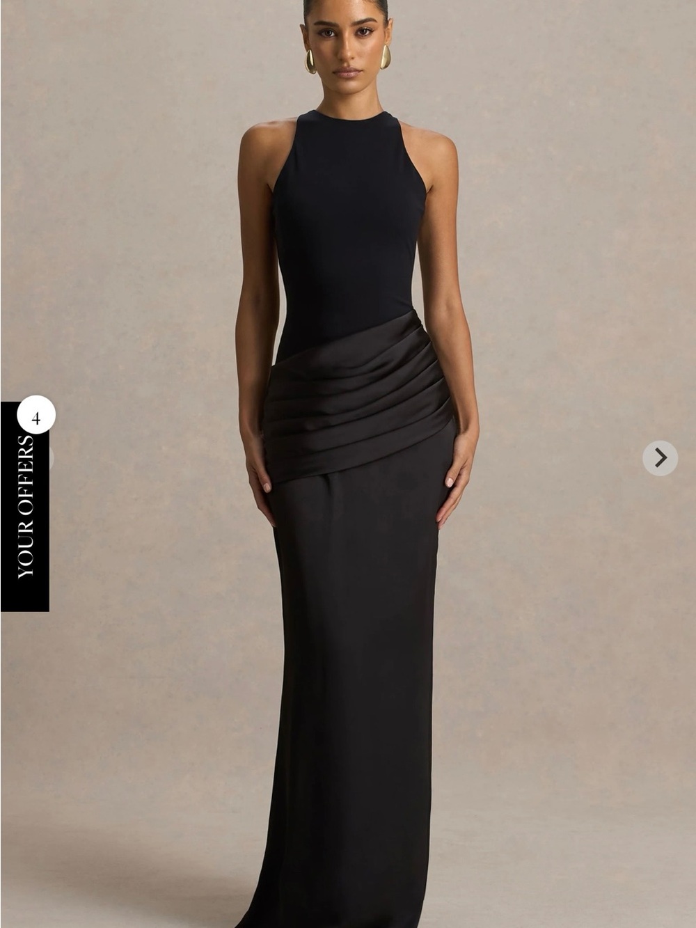 Black crew neck maxi dress with satin skirt (Akari dress Club London)